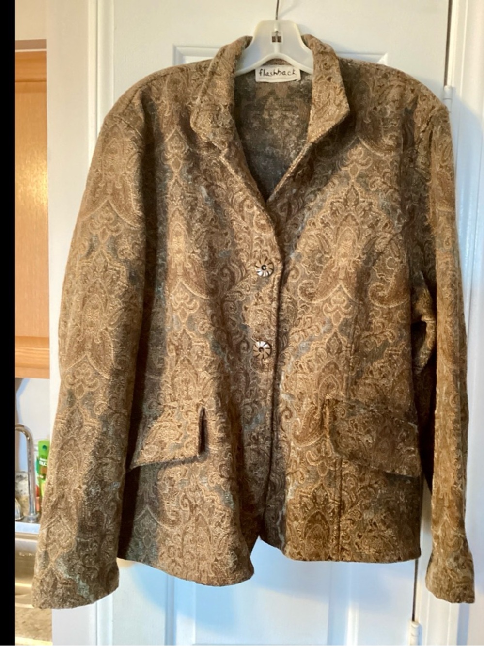 1X XL Velvet Embroidered Elegant Flashback Tapestry Jacket Moss Green Gold